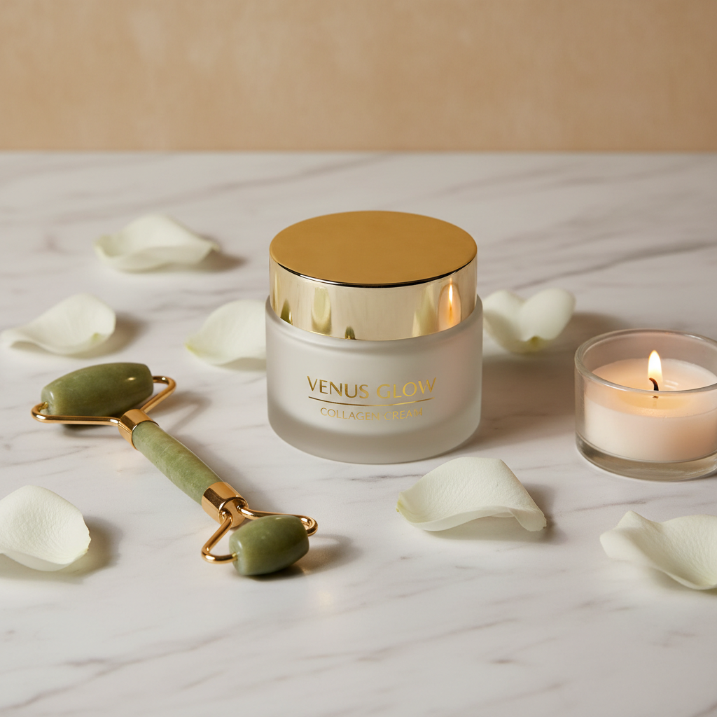 Luxury collagen facial mask cream on marble surface with rose petals and candlelight