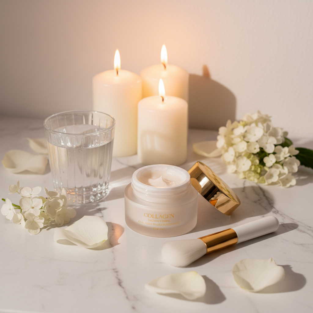 Collagen renewal face mask with brush on marble surface with white flowers and candlelight