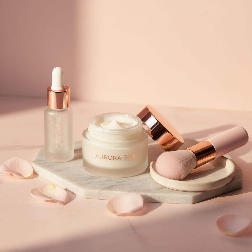 Collagen renewal face mask with brush on pastel pink marble surface with rose petals